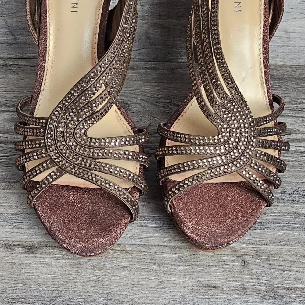 Gianni Bini Gliterati Sparkle Bronze Platform Open Toe Strappy Sandal Heel New
